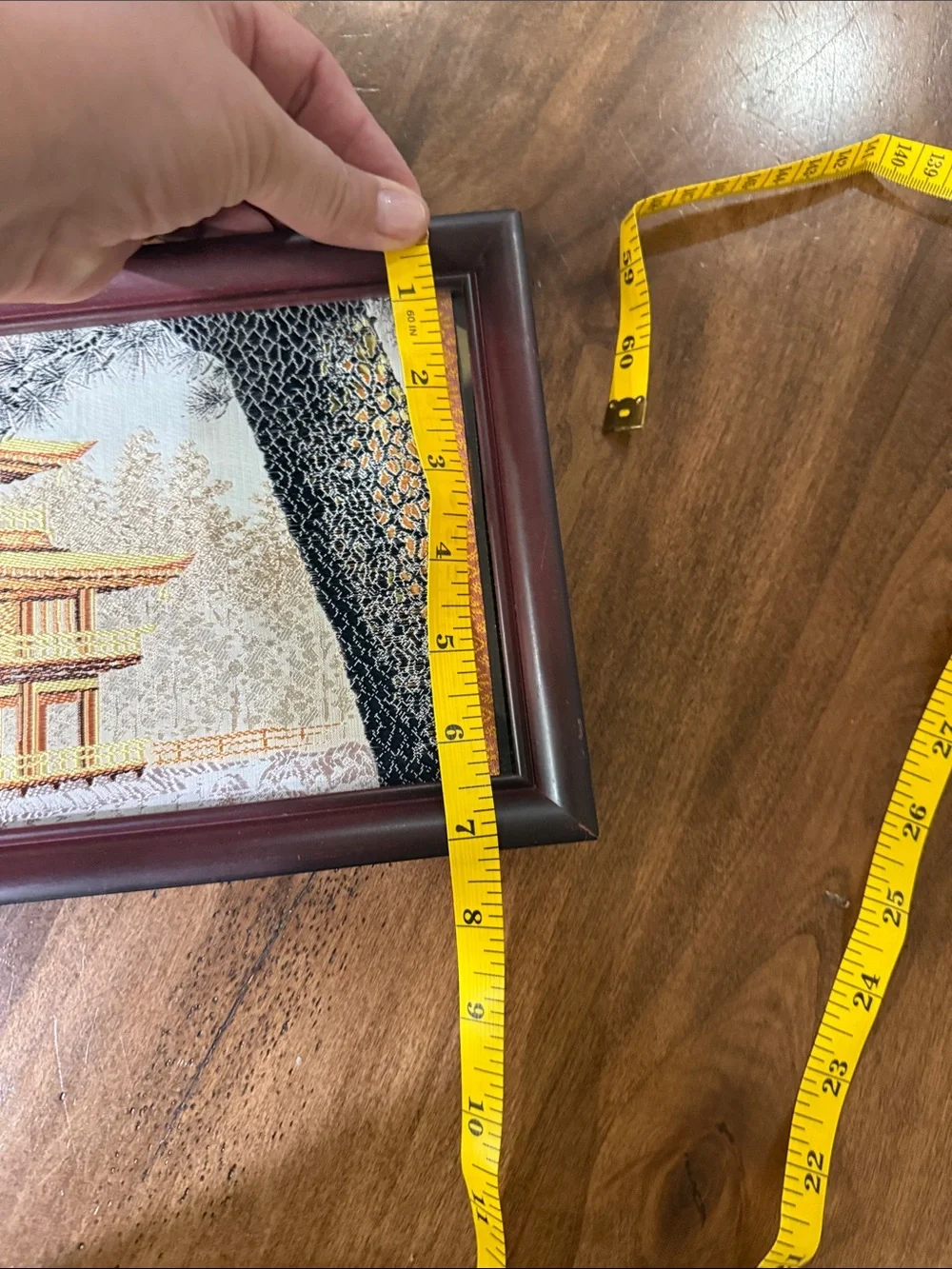 Framed Gold and Brown Pagoda Wall Art - Traditional Asian Temple silk cloth.